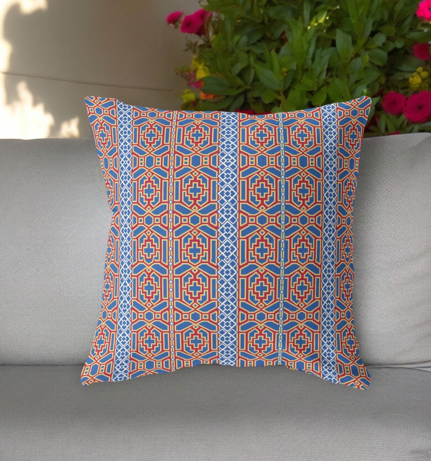 16"x16" Blue And Red Zippered BroadCloth Trellis Throw Pillow