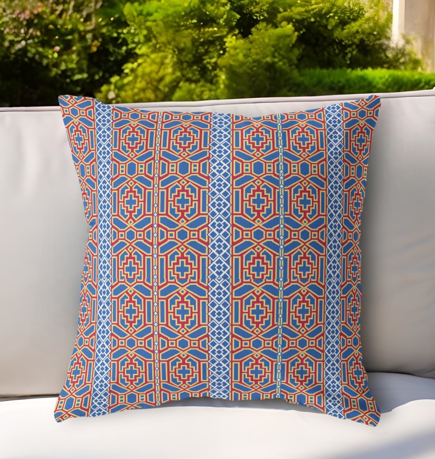 18"x18" Blue And Red Zippered BroadCloth Trellis Throw Pillow