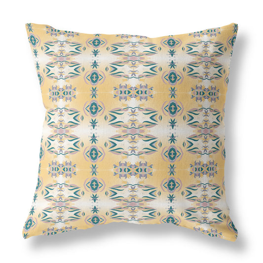 16” Tan Blue Patterned Indoor Outdoor Zippered Throw Pillow