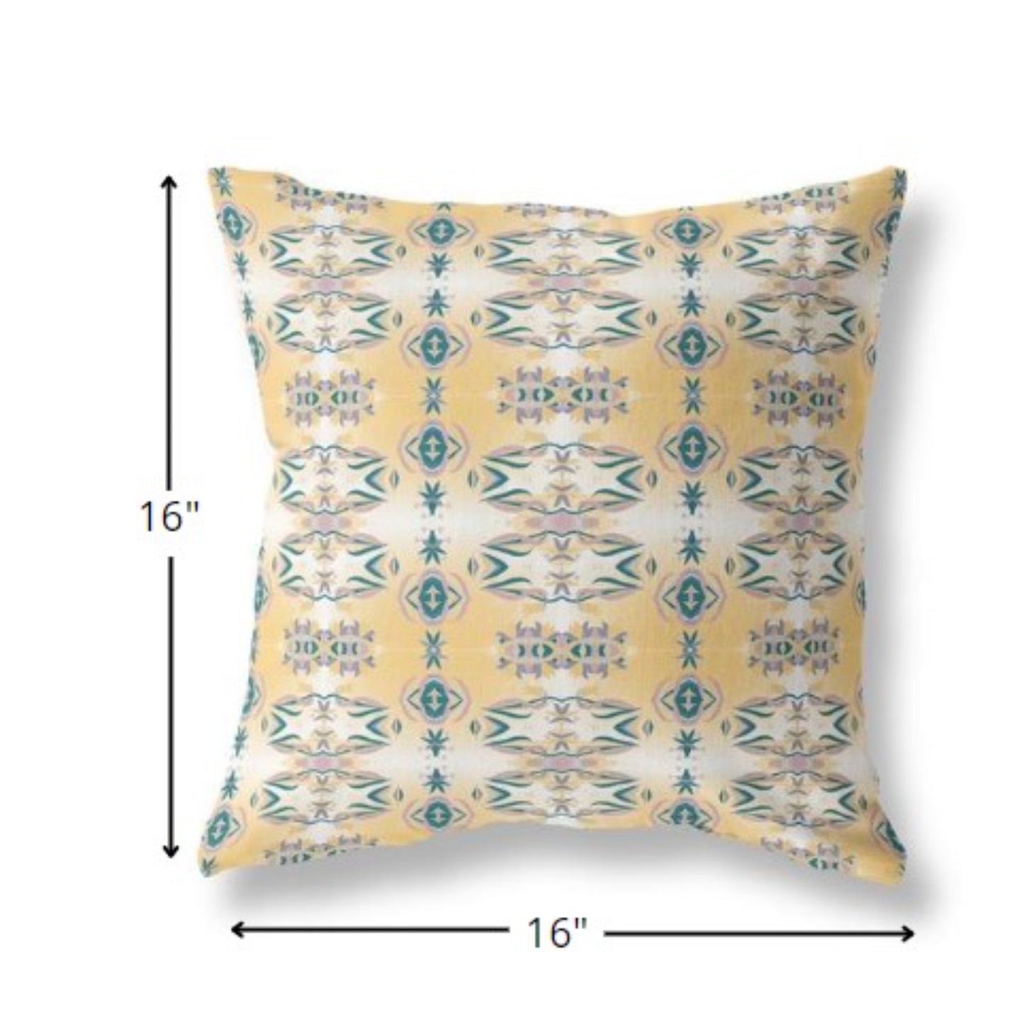 16” Tan Blue Patterned Indoor Outdoor Zippered Throw Pillow