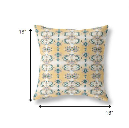 18” Tan Blue Patterned Indoor Outdoor Zippered Throw Pillow