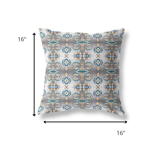16” White Brown Patterned Indoor Outdoor Zippered Throw Pillow