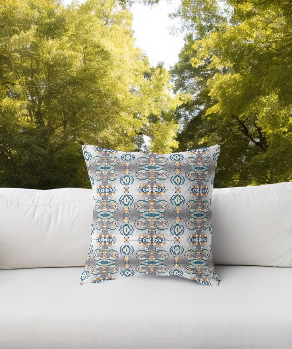 16” White Brown Patterned Indoor Outdoor Zippered Throw Pillow