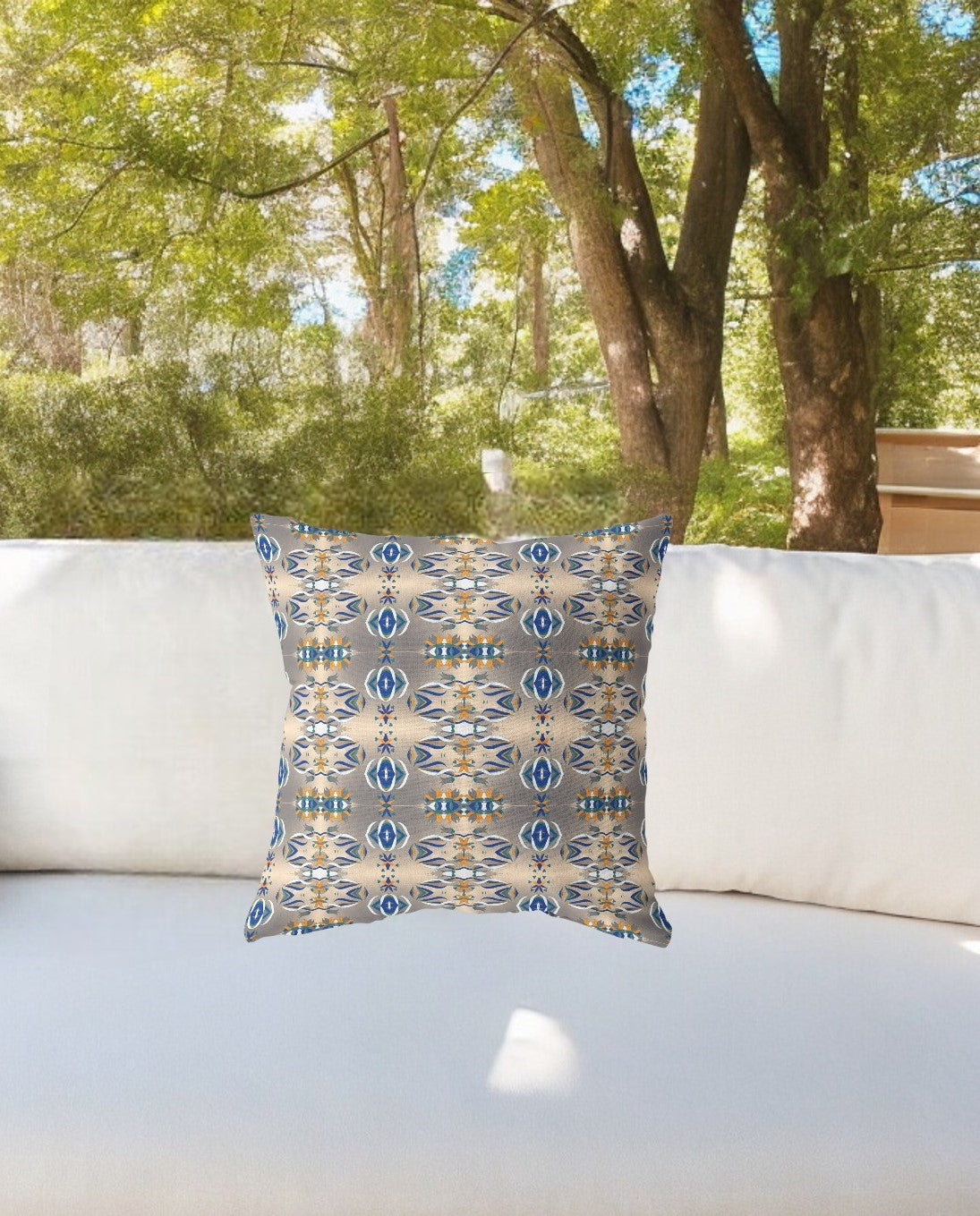 16” Brown Blue Patterned Indoor Outdoor Zippered Throw Pillow