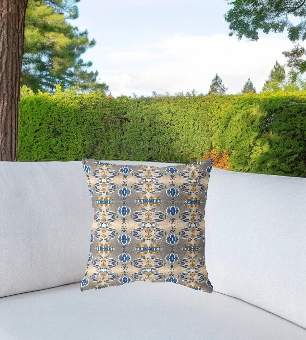 18” Brown Blue Patterned Indoor Outdoor Zippered Throw Pillow