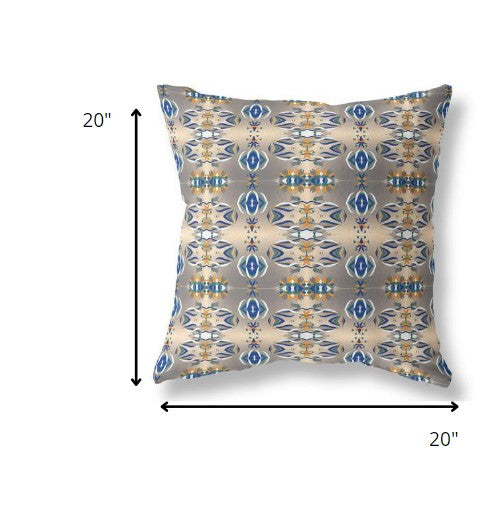 18” Brown Blue Patterned Indoor Outdoor Zippered Throw Pillow