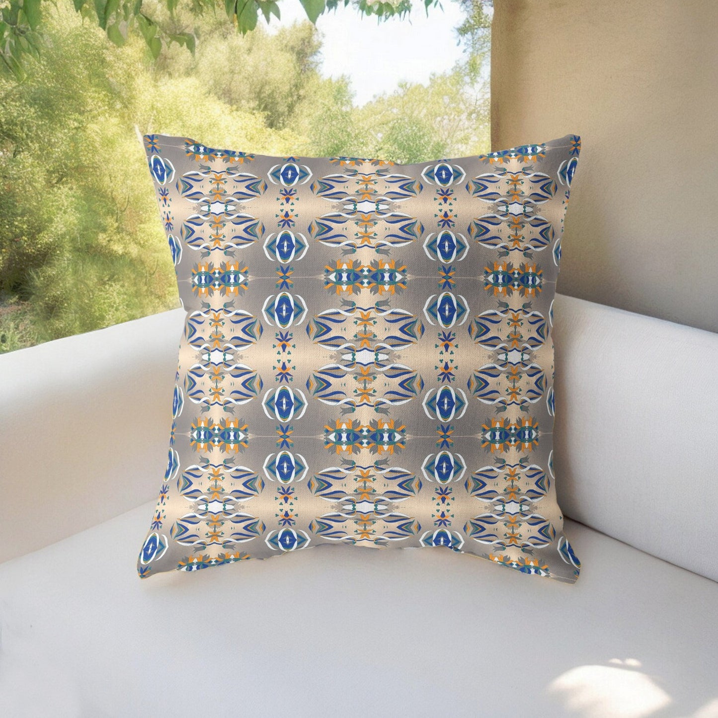 18” Brown Blue Patterned Indoor Outdoor Zippered Throw Pillow