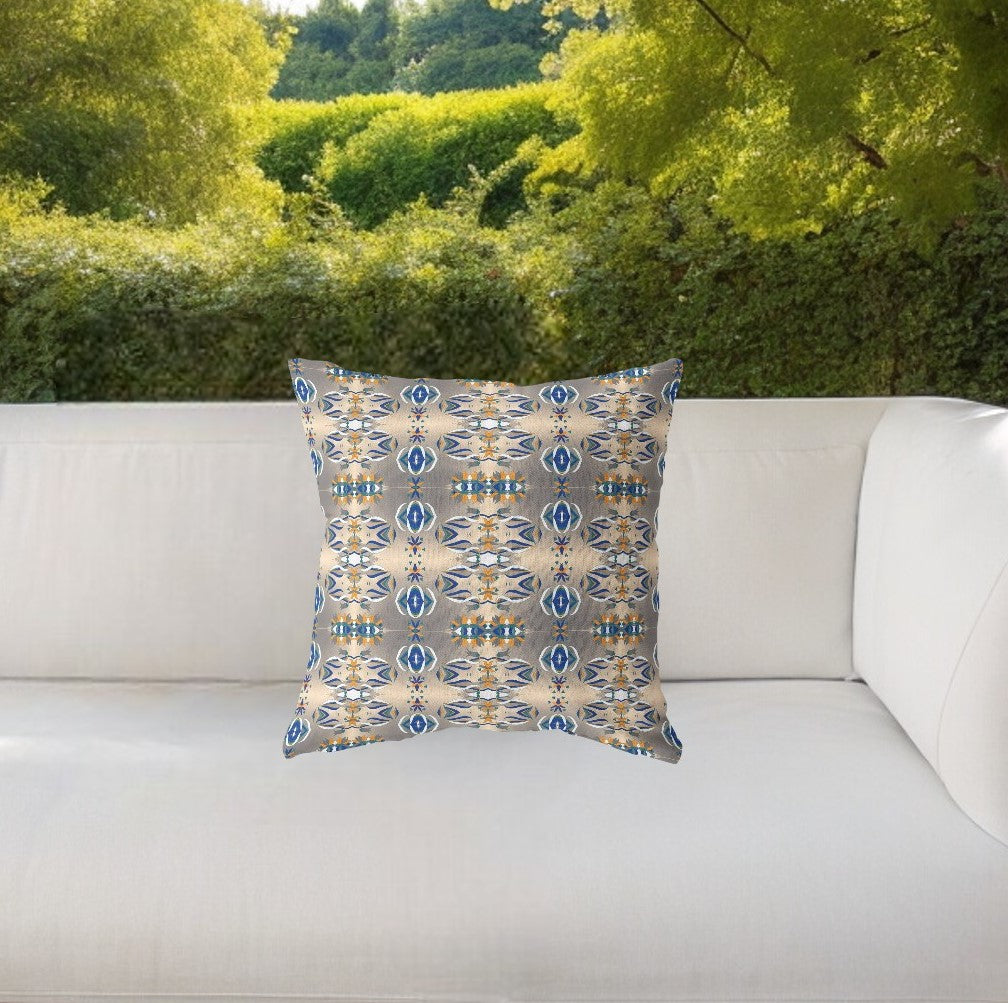 18” Brown Blue Patterned Indoor Outdoor Zippered Throw Pillow