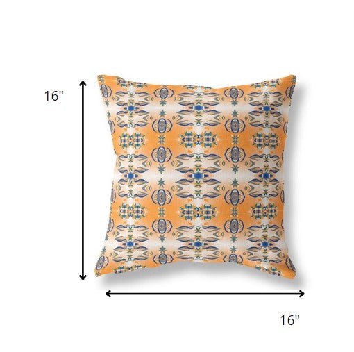 16” Orange Blue Patterned Indoor Outdoor Zippered Throw Pillow
