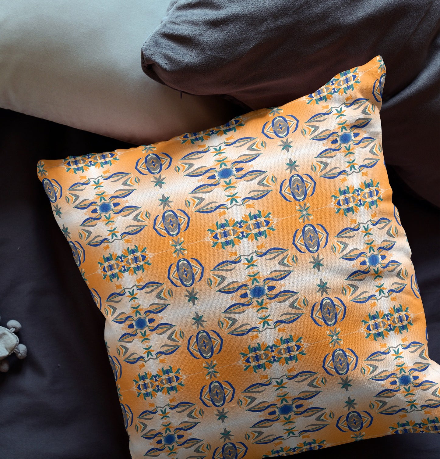 18” Orange Blue Patterned Indoor Outdoor Zippered Throw Pillow