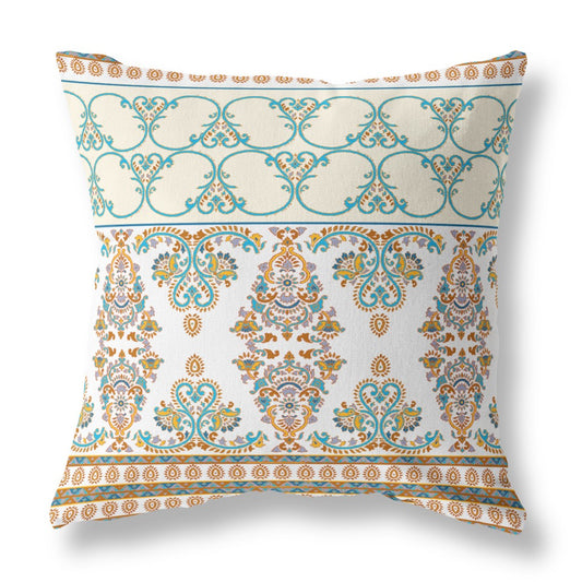 16" X 16" White And Blue Zippered Damask Indoor Outdoor Throw Pillow