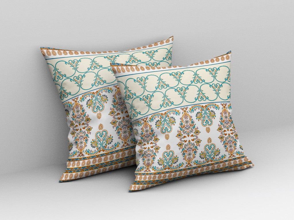 16" X 16" White And Blue Zippered Damask Indoor Outdoor Throw Pillow