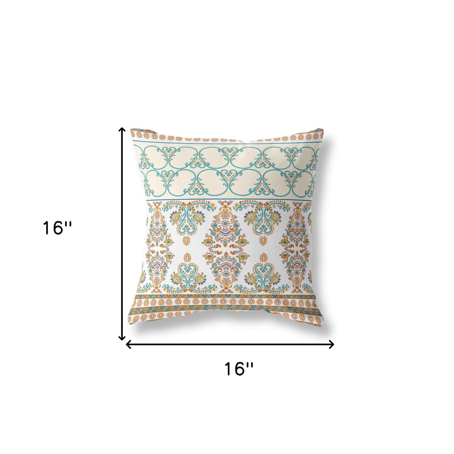 16" X 16" White And Blue Zippered Damask Indoor Outdoor Throw Pillow