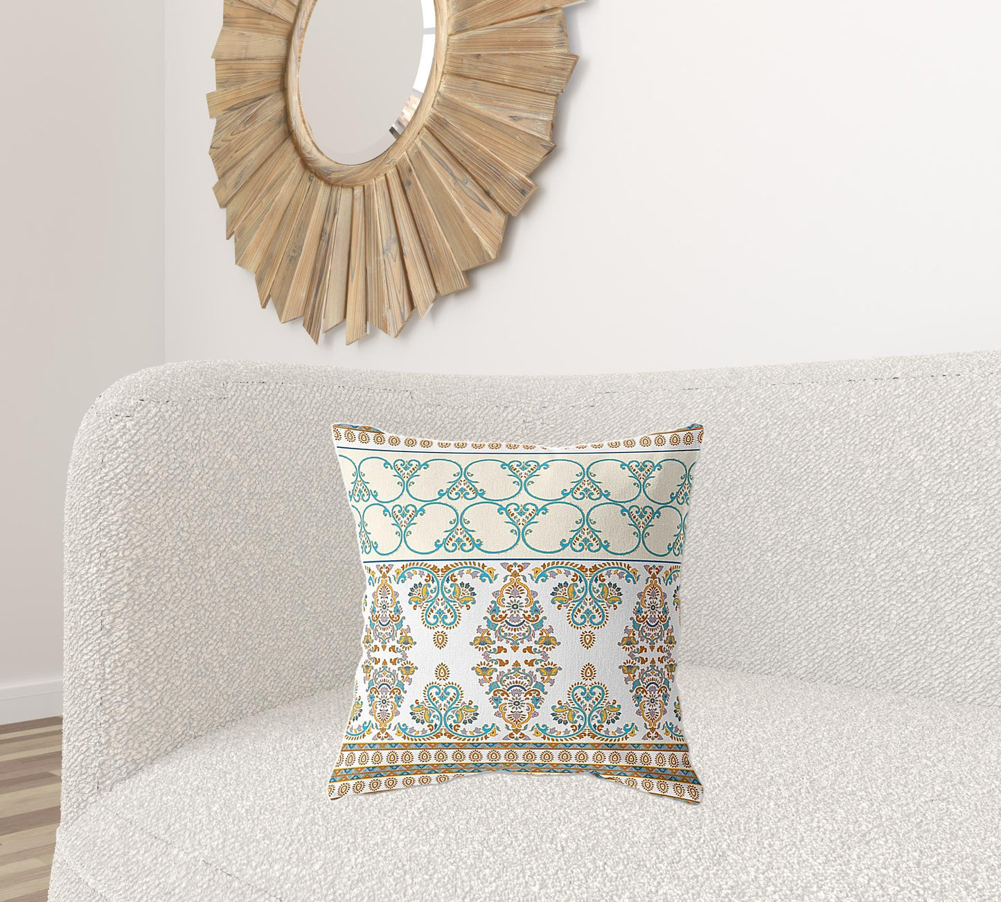 18" X 18" White And Blue Zippered Damask Indoor Outdoor Throw Pillow