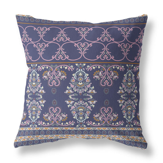 18" X 18" Blue And Pink Zippered Damask Indoor Outdoor Throw Pillow