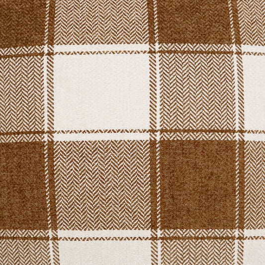 Brown and cream plaid woven fabric with herringbone pattern; cozy wool blend, ideal for throws or upholstery.