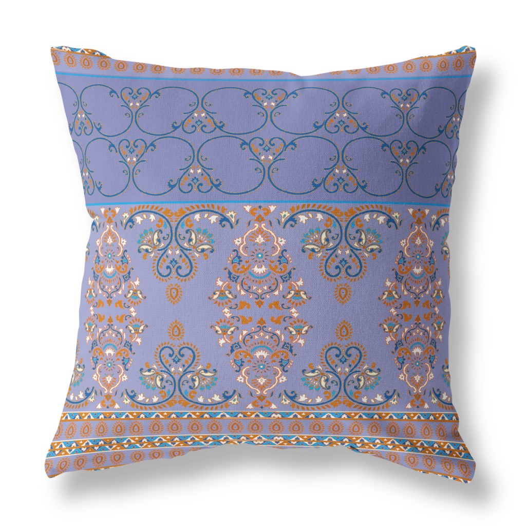 18" X 18" Purple And Blue Zippered Damask Indoor Outdoor Throw Pillow