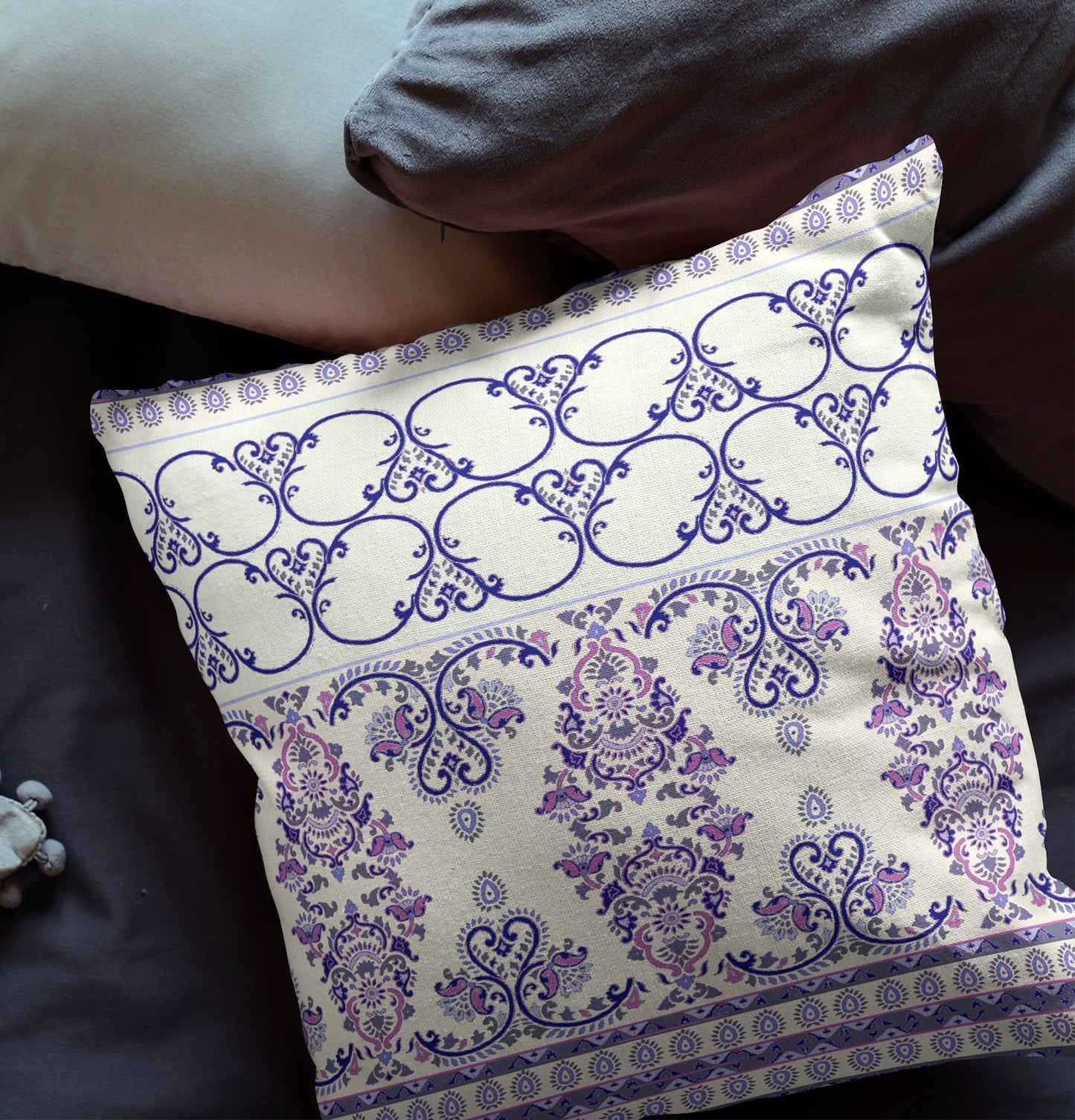 16"x16" Off White And Purple Gray Zip Broadcloth Damask Throw Pillow