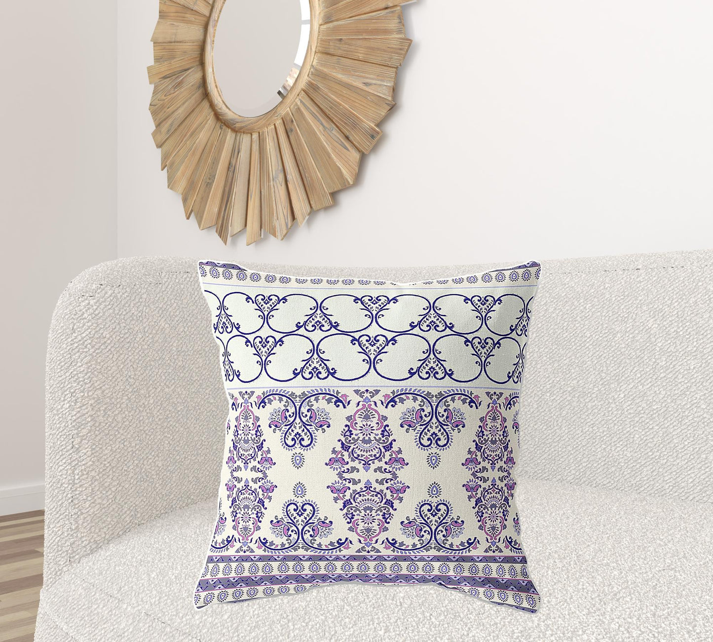 18" X 18" Off White And Navy Zippered Damask Indoor Outdoor Throw Pillow