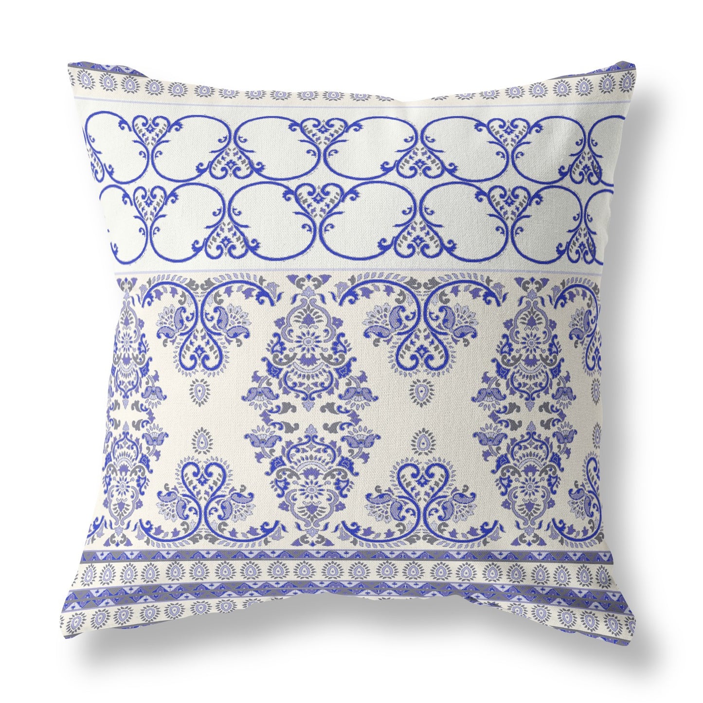 16" X 16" Off White And Blue Zippered Damask Indoor Outdoor Throw Pillow