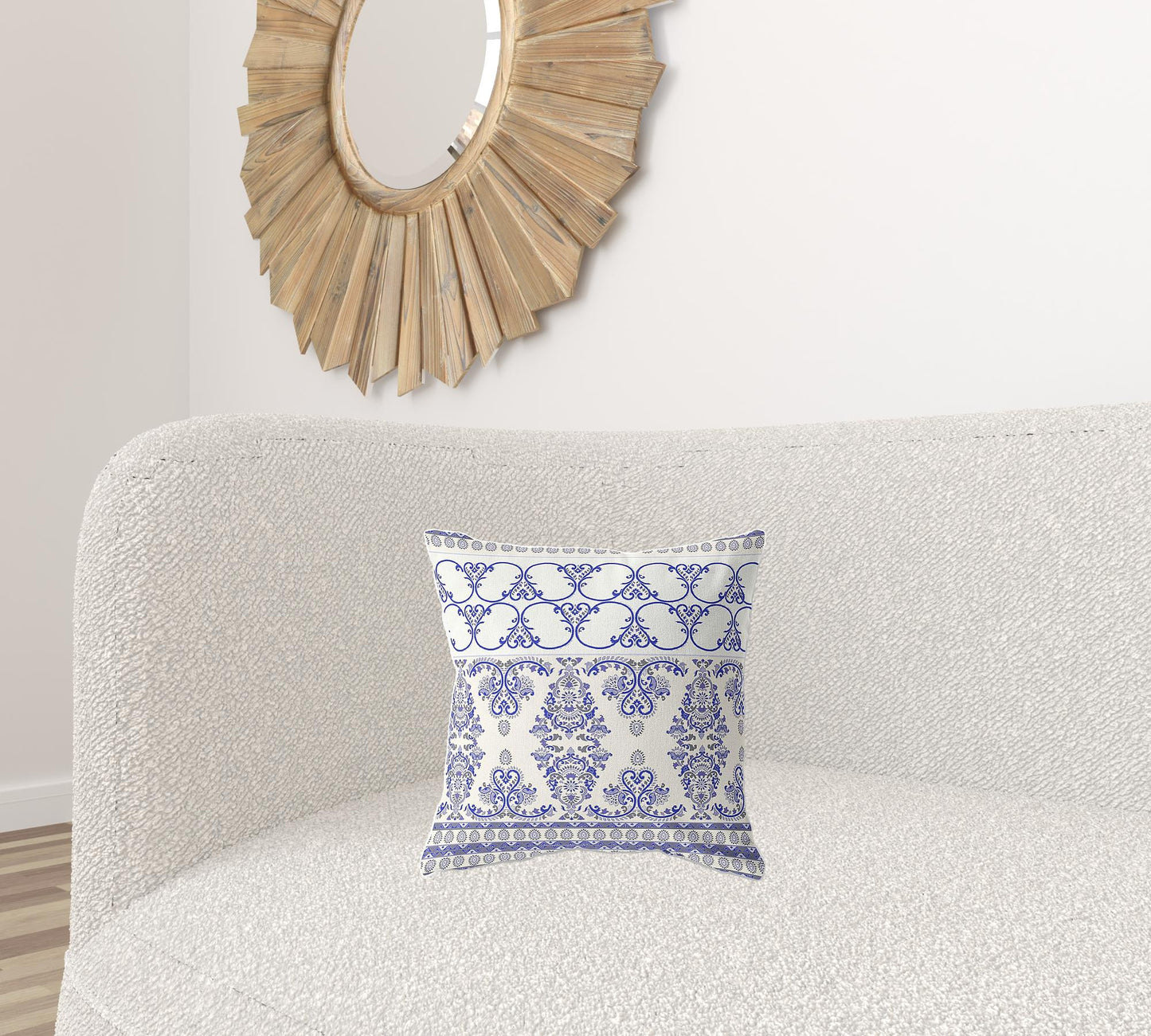 16" X 16" Off White And Blue Zippered Damask Indoor Outdoor Throw Pillow