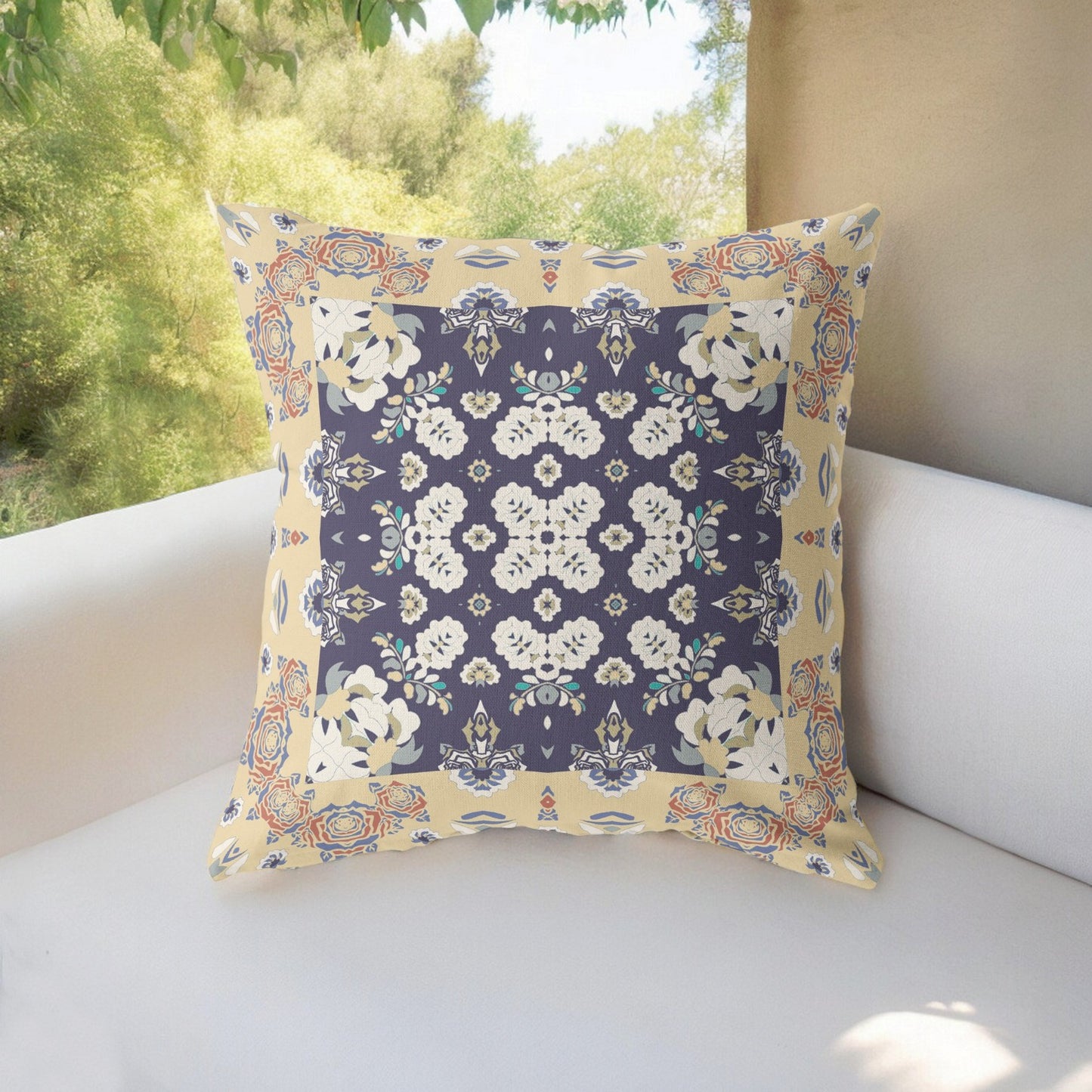 16” Yellow Navy Rose Box Indoor Outdoor Zippered Throw Pillow