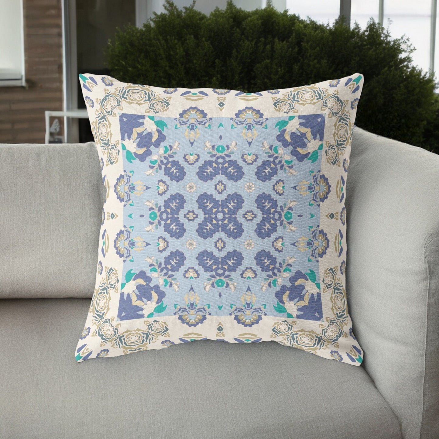 16” White Blue Rose Box Indoor Outdoor Zippered Throw Pillow