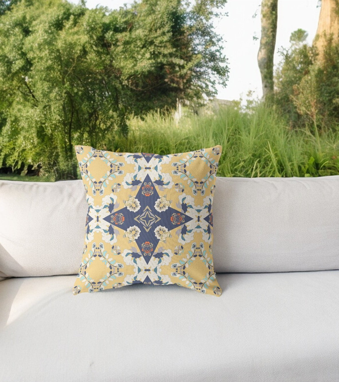 16” Yellow Navy Diamond Star Indoor Outdoor Zippered Throw Pillow