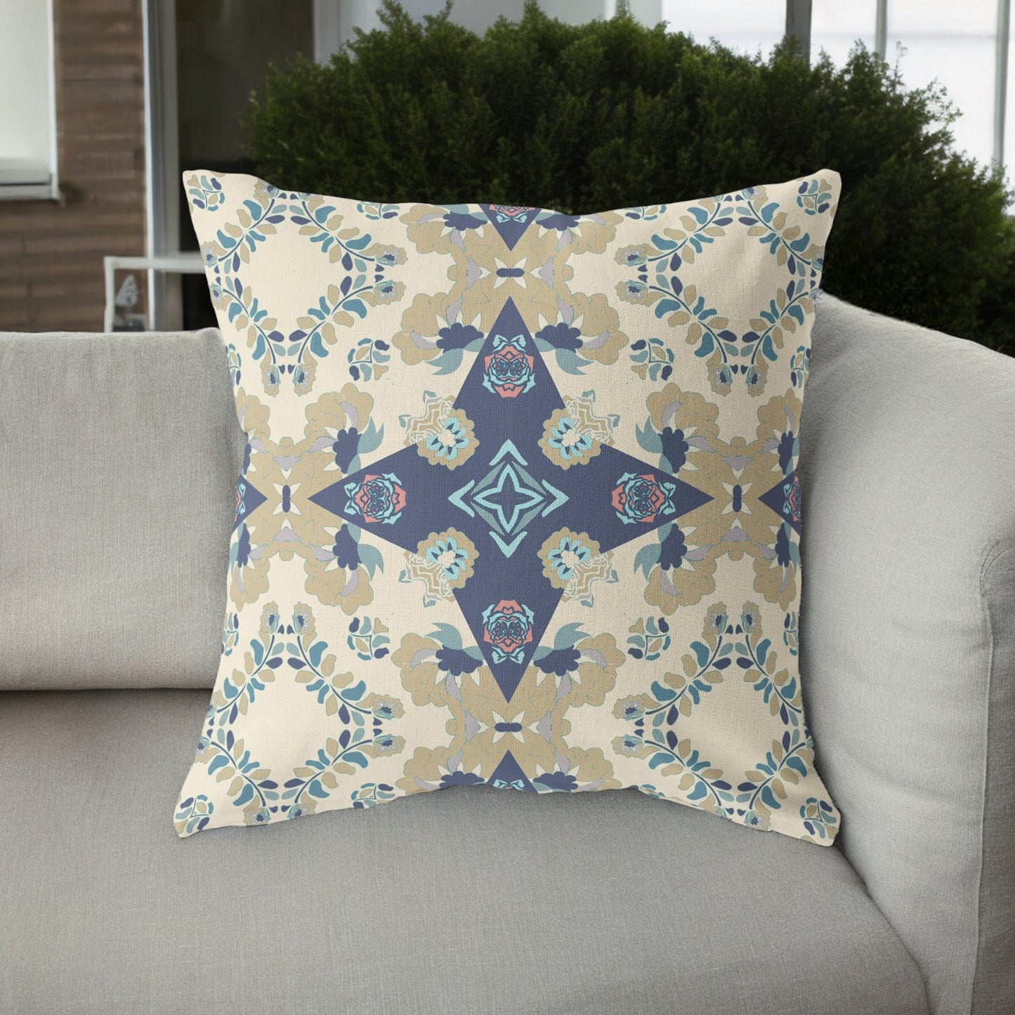 16” Sand Navy Diamond Star Indoor Outdoor Zippered Throw Pillow