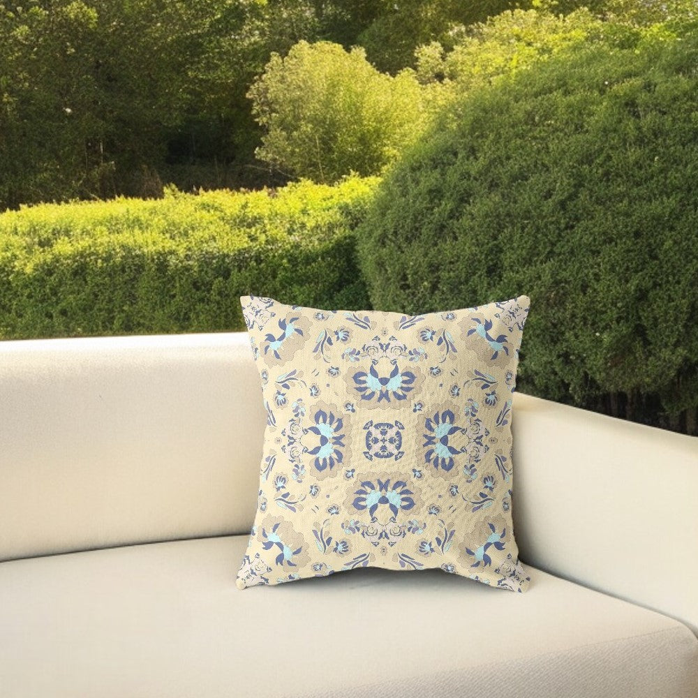 16" Beige Blue Floral Indoor Outdoor Zip Throw Pillow