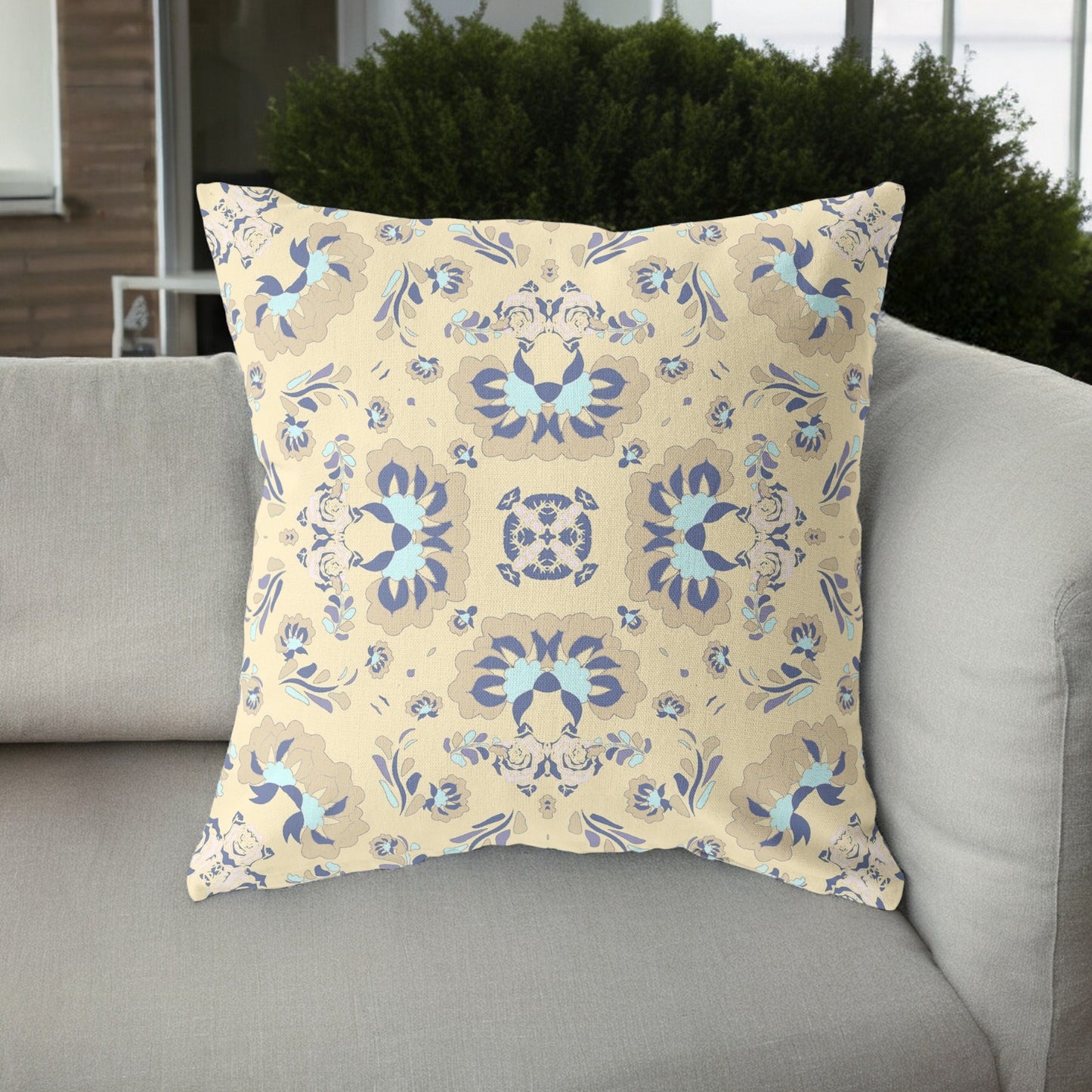 18" Beige Blue Floral Indoor Outdoor Zip Throw Pillow