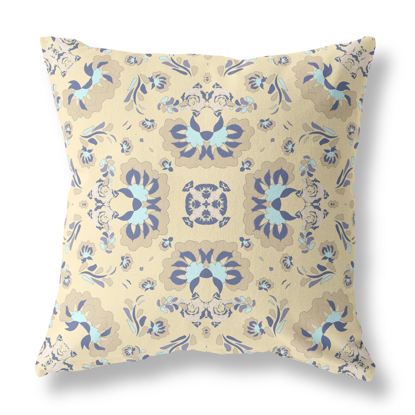 18" Beige Blue Floral Indoor Outdoor Zip Throw Pillow