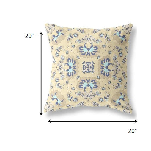 18" Beige Blue Floral Indoor Outdoor Zip Throw Pillow