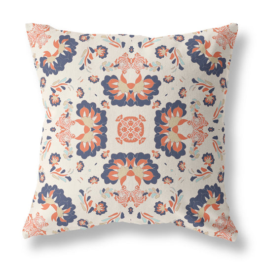 16" X 16" Off White And Blue Zippered Floral Indoor Outdoor Throw Pillow