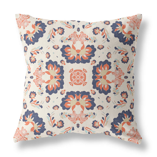 18"x18" Off White Navy and Orange Zip Broadcloth Floral Throw Pillow
