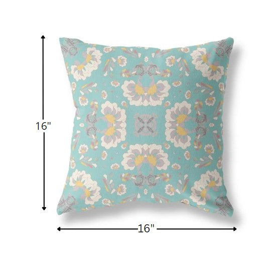 16" Mint White Floral Indoor Outdoor Zip Throw Pillow