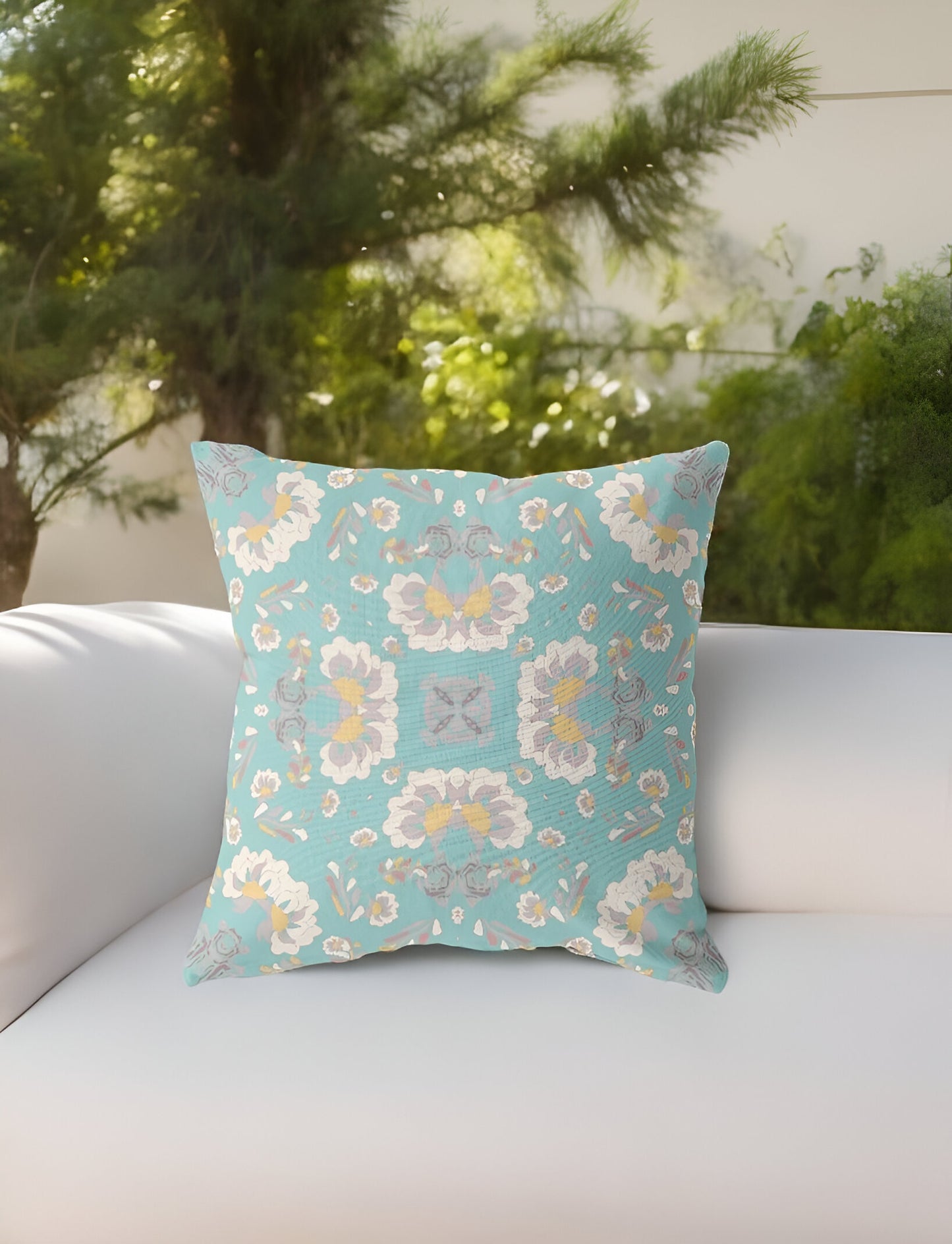 16" Mint White Floral Indoor Outdoor Zip Throw Pillow