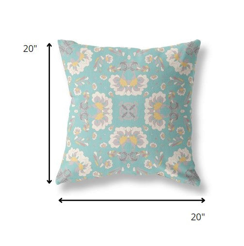 18" Mint White Floral Indoor Outdoor Zip Throw Pillow