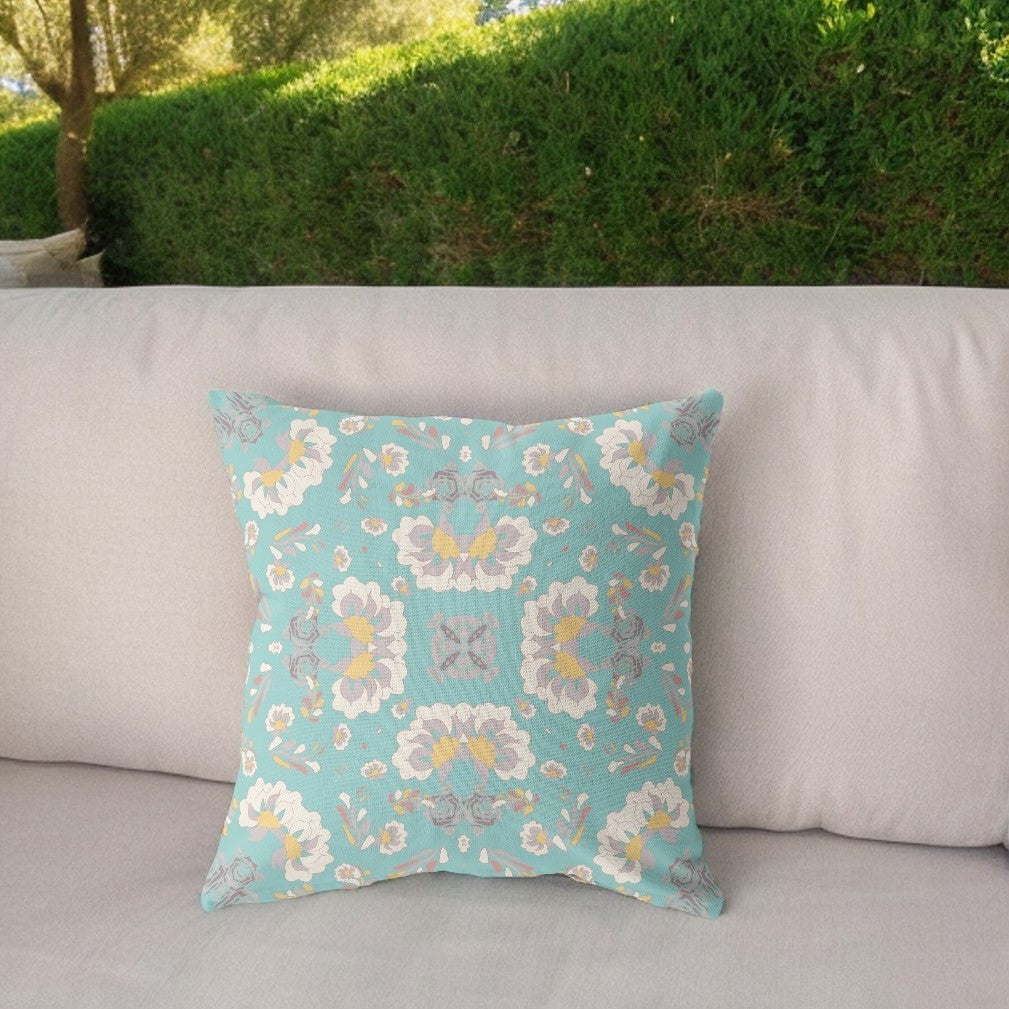 18" Mint White Floral Indoor Outdoor Zip Throw Pillow