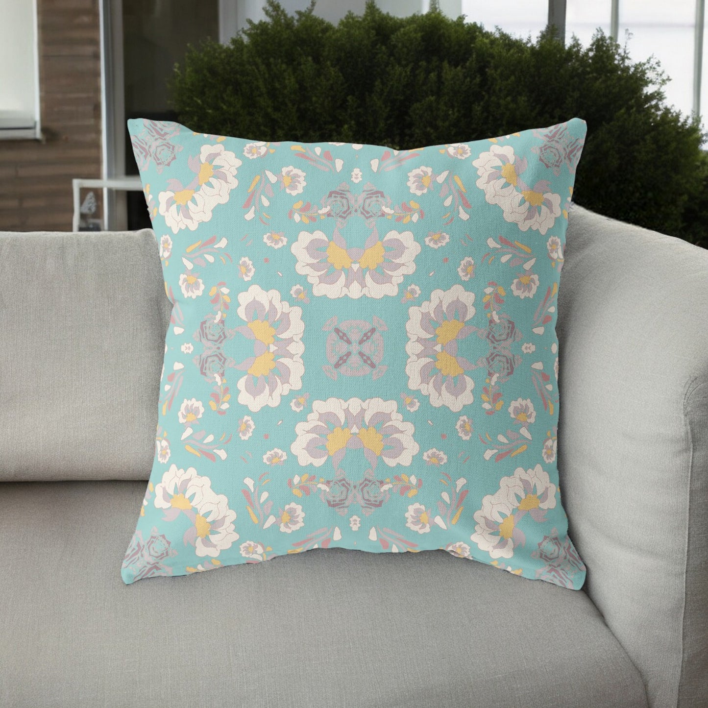 18" Mint White Floral Indoor Outdoor Zip Throw Pillow