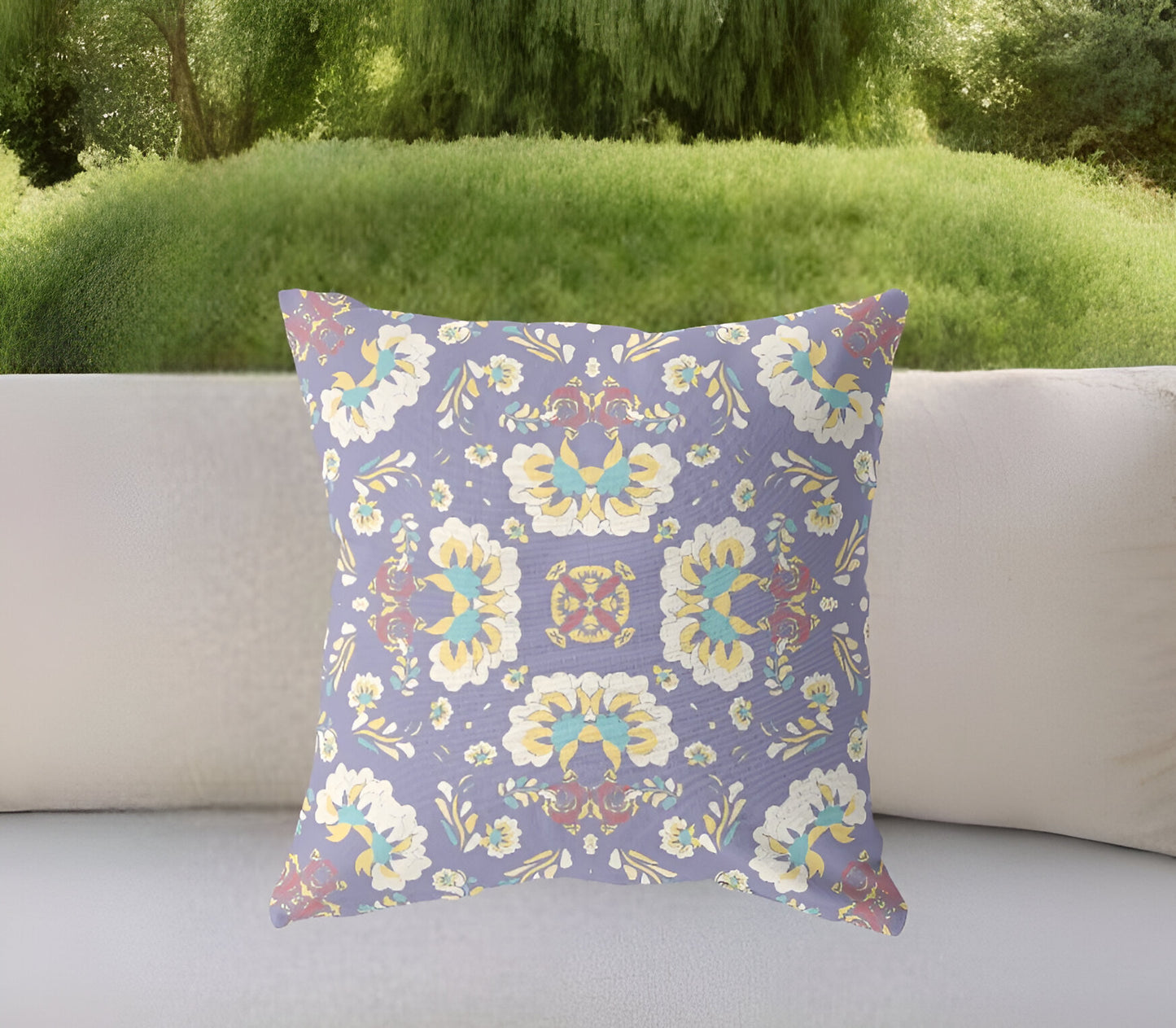 18" Purple White Floral Indoor Outdoor Zip Throw Pillow