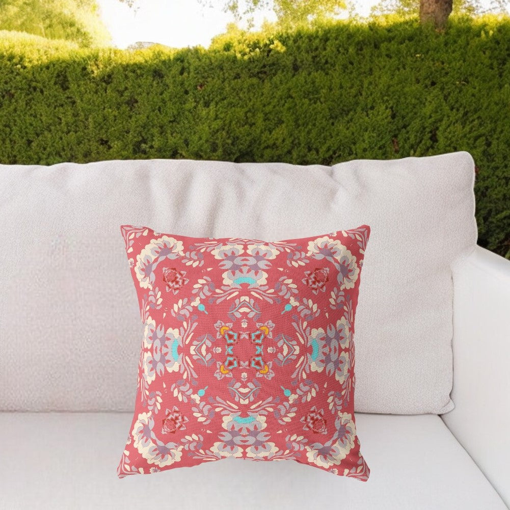 18" Red White Filigree Indoor Outdoor Zip Throw Pillow