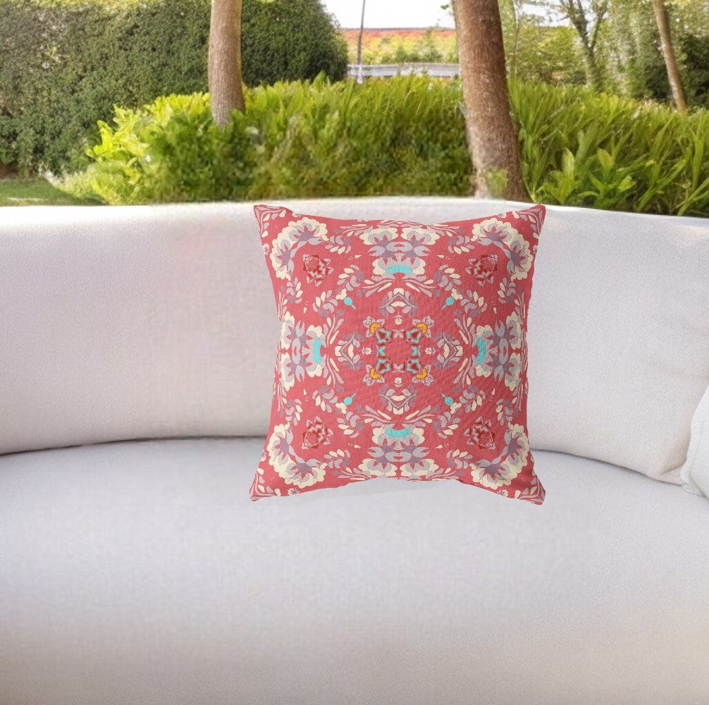 18" Red White Filigree Indoor Outdoor Zip Throw Pillow