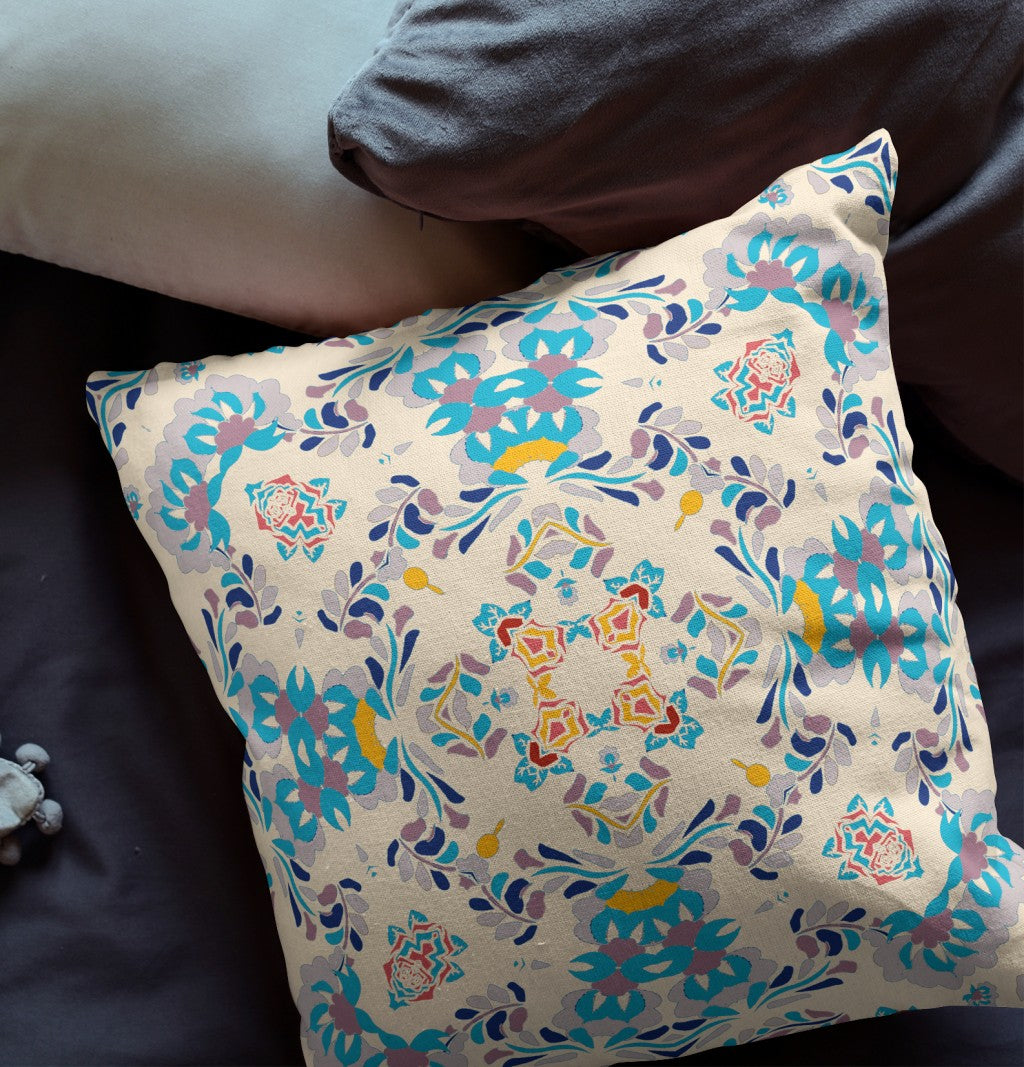 16" Blue White Filigree Indoor Outdoor Zip Throw Pillow