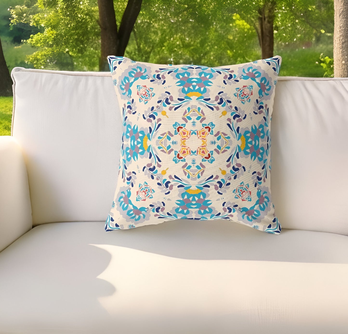 16" Blue White Filigree Indoor Outdoor Zip Throw Pillow