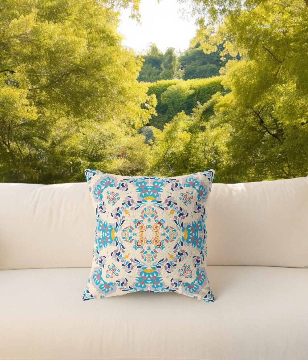 18" Blue White Filigree Indoor Outdoor Zip Throw Pillow