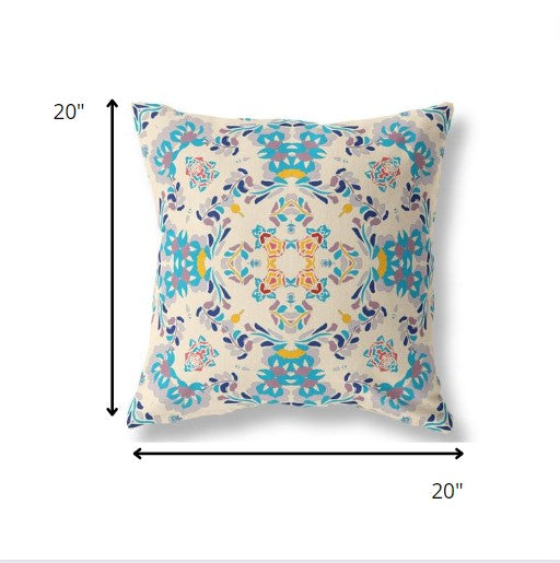 18" Blue White Filigree Indoor Outdoor Zip Throw Pillow