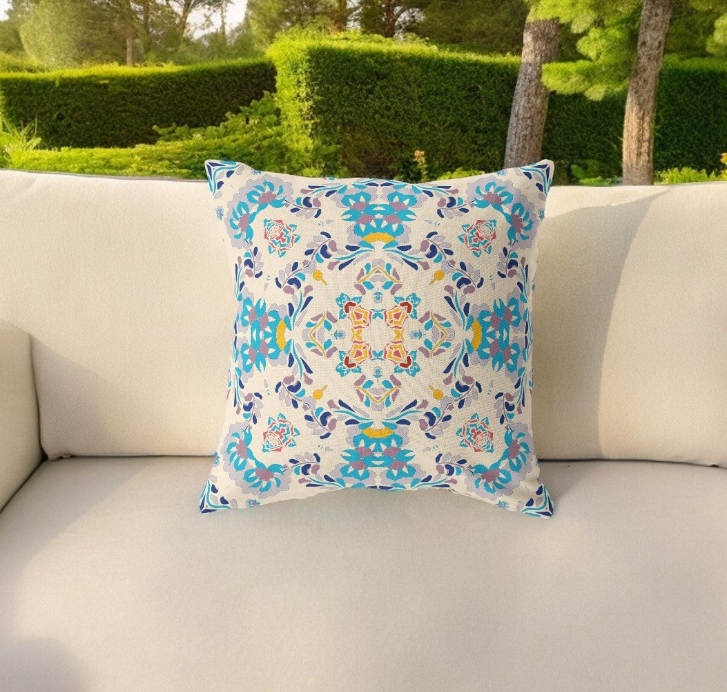 18" Blue White Filigree Indoor Outdoor Zip Throw Pillow