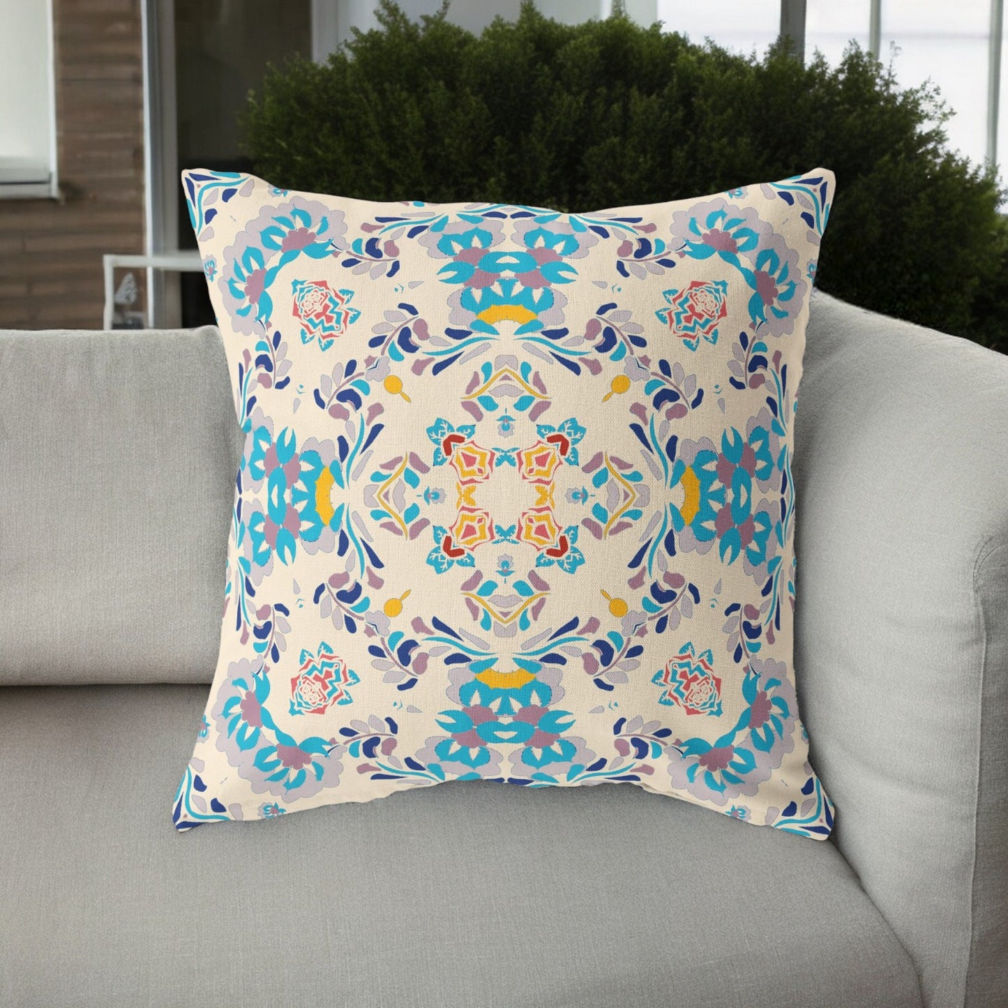 18" Blue White Filigree Indoor Outdoor Zip Throw Pillow