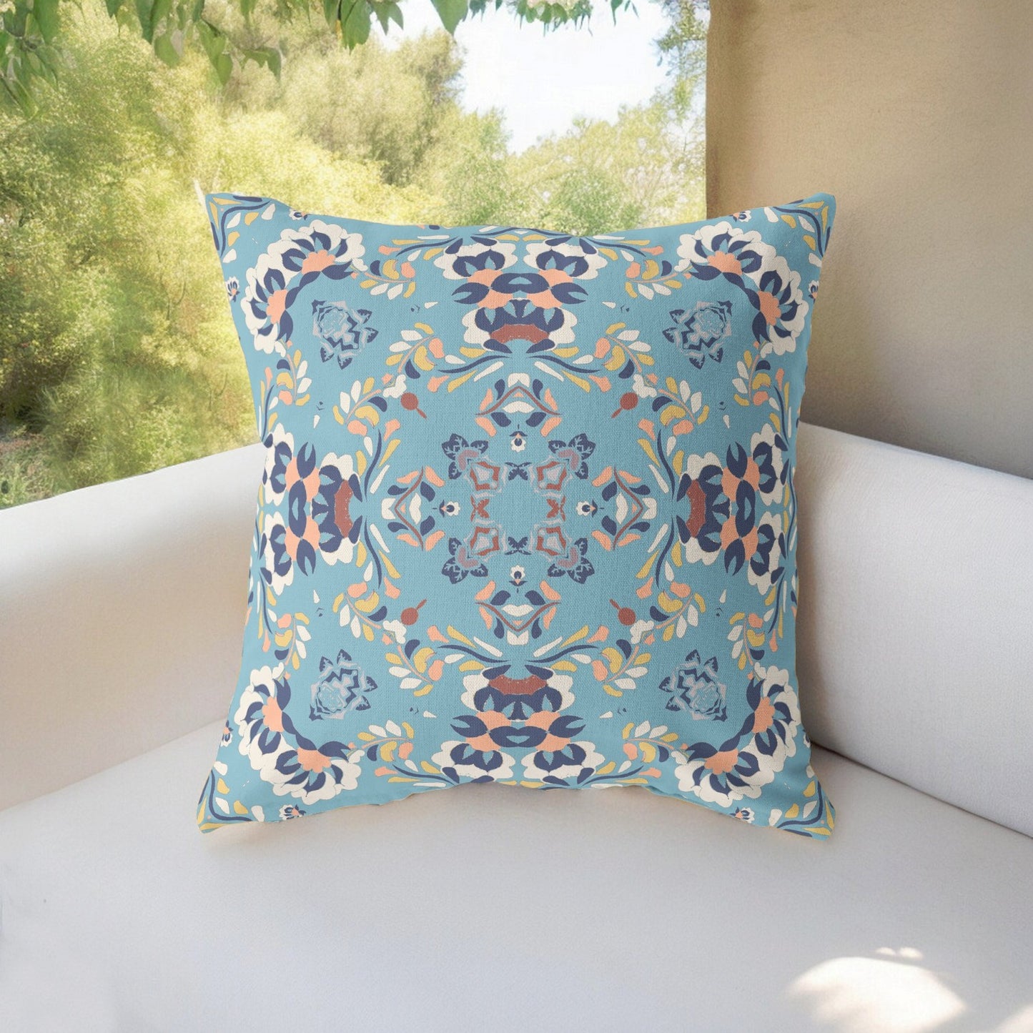 16" Blue Peach Filigree Indoor Outdoor Zip Throw Pillow